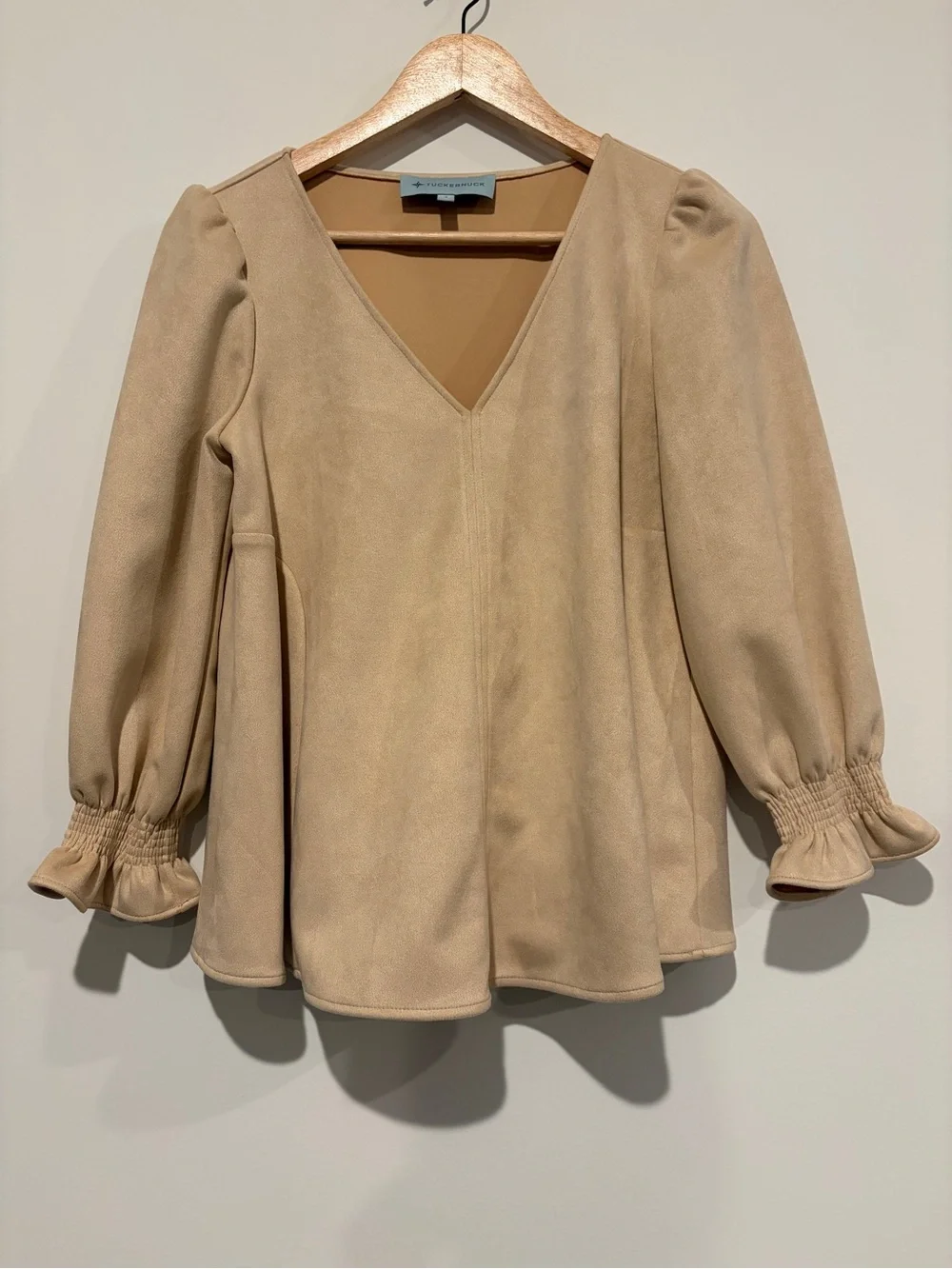 Tuckernuck Size S Tan Faux Suede Easton Swing V-Neck Smocked Cuff Blouse Top